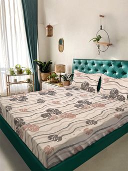 ARRABI - Cream Leaf TC Cotton Blend Super King Bedsheet with 2 Pillow Covers (King)