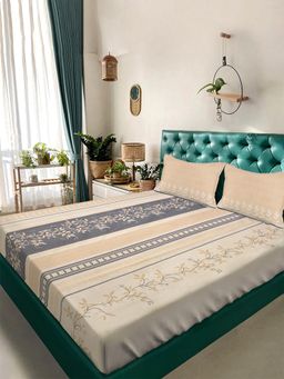 ARRABI - Cream Floral TC Cotton Blend Super King Bedsheet with 2 Pillow Covers (King)