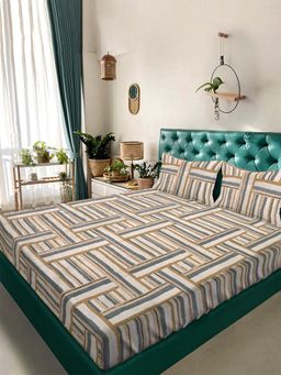 ARRABI - Beige Geometric TC Cotton Blend Super King Bedsheet with 2 Pillow Covers (King)