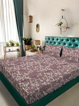 ARRABI - Brown Floral TC Cotton Blend Super King Bedsheet with 2 Pillow Covers (King)