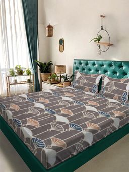 ARRABI - Grey Geometric TC Cotton Blend Super King Bedsheet with 2 Pillow Covers (King)