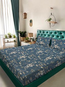 ARRABI - Blue Floral TC Cotton Blend Super King Bedsheet with 2 Pillow Covers (King)