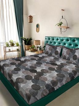 ARRABI - Grey Geometric TC Cotton Blend Super King Bedsheet with 2 Pillow Covers (King)