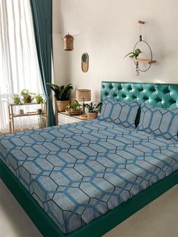 ARRABI - Grey Geometric TC Cotton Blend Super King Bedsheet with 2 Pillow Covers (King)