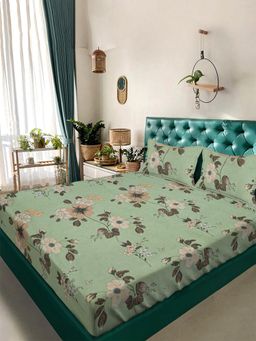 ARRABI - Green Floral TC Cotton Blend King Bedsheet with 2 Pillow Covers (King)