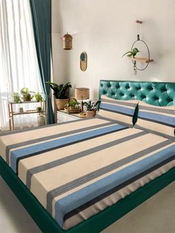 ARRABI - Cream Stripes TC Cotton Blend King Bedsheet with 2 Pillow Covers (King)