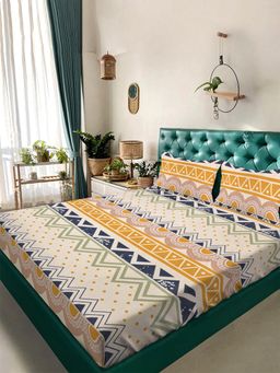 ARRABI - Yellow Geometric TC Cotton Blend King Bedsheet with 2 Pillow Covers (King)
