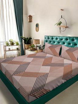 ARRABI - Brown Abstract TC Cotton Blend King Bedsheet with 2 Pillow Covers (King)