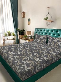 ARRABI - Grey Leaf TC Cotton Blend King Bedsheet with 2 Pillow Covers (King)
