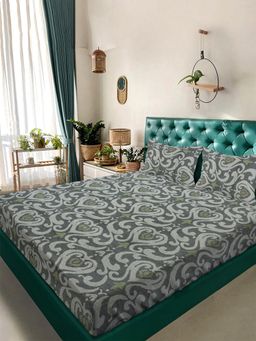 ARRABI - Grey Floral TC Cotton Blend Super King Bedsheet with 2 Pillow Covers (King)