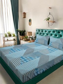 ARRABI - Sky Blue Geometric TC Cotton Super King Bedsheet with 2 Pillow Covers (King)