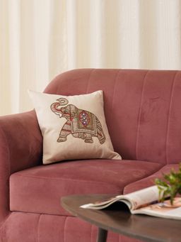 HOME 360 - Beige Elephant Embroidery Cushion Cover (16x16 inches)