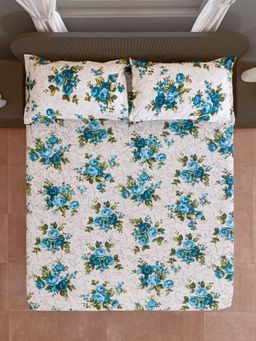 Swayam - Floral Green & White 120 TC Double Queen Bedsheet with 2 Pillow Cover (Queen)