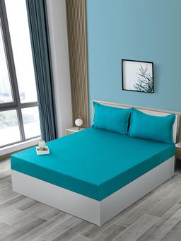 Swayam - Teal Solid Subtle Stripes Cotton Single Fitted Bedsheet with 2 Pillow Cover (King)