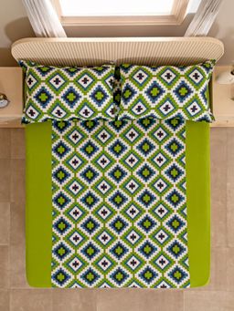 Swayam - Floral Green & Blue 200 TC Double King Fitted Bedsheet with 2 Pillow Cover (King)