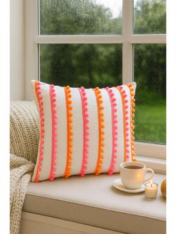 THROW PILLOW - Vibrant Orange Pink Pom Pom Trim Sunny Pop White Cushion Cover