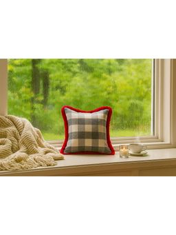 THROW PILLOW - Festive Plaid Delight Checks with Red Fringe Christmas Cushion Cover