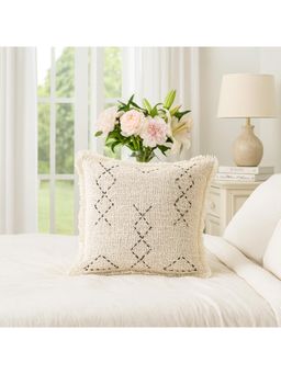 THROW PILLOW - Textured Charm Embroidered Cotton Basketweave with Fringe Cushion Cover