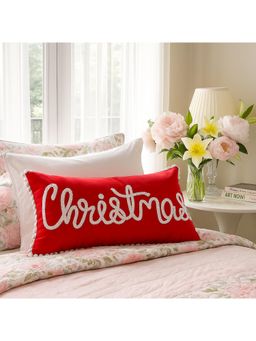 THROW PILLOW - Holly Jolly Velvet Embroidered Christmas White Pom-Poms Cushion Cover (12x18 inches)