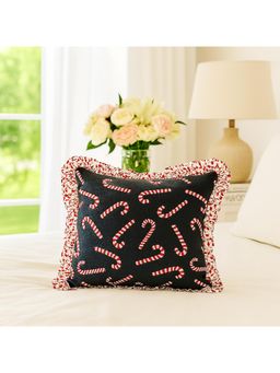 THROW PILLOW - Sweet Christmas Spirit Candy Cane Print with Frill Trim Cushion Cover