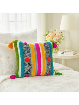 THROW PILLOW - Boho Pop Art Multi-Color Tufting, Pom-Poms, Tassels Cushion Cover