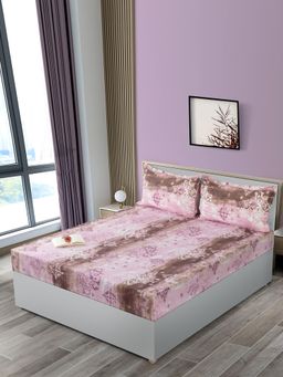 Swayam - Pink Floral Cotton Vintage Single Fitted Bedsheet with 2 Pillow Cover (King)