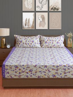 Swayam - Floral Purple 160 TC Double Queen Bedsheet with 2 Pillow Cover
