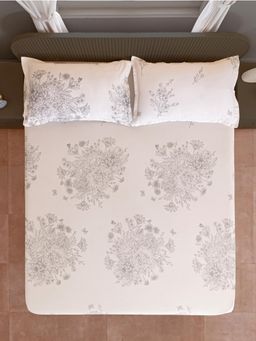 Swayam - Ethnic Motif White 250 TC Double King Fitted Bedsheet with 2 Pillow Cover (King)