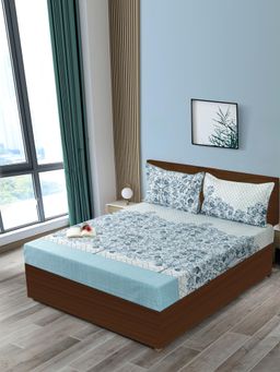 Swayam - Blue Floral Cotton Single Fitted Bedsheet with 2 Pillow Cover (King)