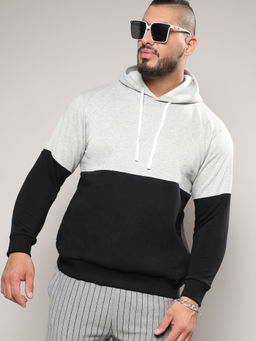 Instafab Plus - Mens Black & Grey Pullover Hooded Sweatshirt with Ribbed Hem