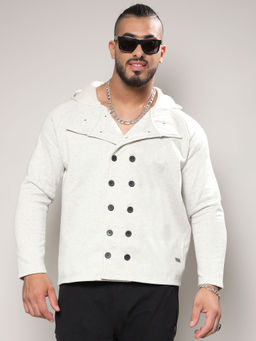 Instafab Plus - Mens Light Grey Double Breasted Jacket with Hoodie