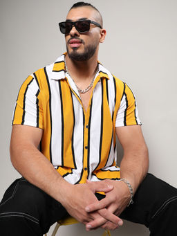 Instafab Plus - Mens White & Yellow Dramatic Striped Shirt