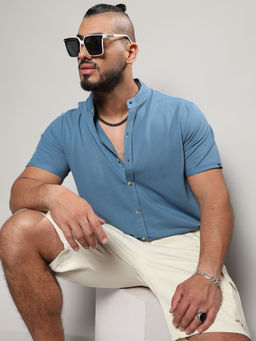 Instafab Plus - Mens Egyptian Blue Basic Button Up Shirt