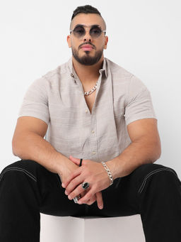 Instafab Plus - Mens Light Grey Unbalanced Horizontal Striped Shirt