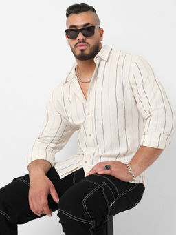 Instafab Plus - Mens Beige Contrast Pinstriped Shirt