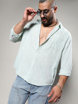 Instafab Plus - Mens White & Green Horizontal Chalk Striped Shirt