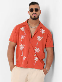Instafab Plus - Mens Vermillion Orange Palm Tree Knit Shirt