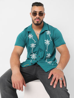 Instafab Plus - Mens Teal Blue Palm Tree Knit Shirt