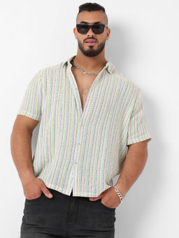 Instafab Plus - Mens Yellow & Pink Unbalanced Striped Woven Shirt