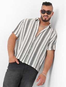 Instafab Plus - Mens White & Grey Unbalanced Striped Woven Shirt