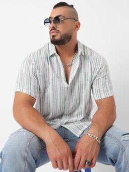 Instafab Plus - Mens Pink & Green Unbalanced Striped Woven Shirt