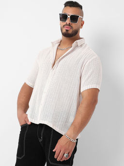 Instafab Plus - Mens White & Lavender Unbalanced Striped Woven Shirt