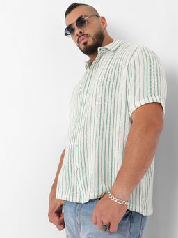 Instafab Plus - Mens White & Green Unbalanced Striped Woven Shirt