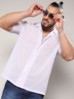 Instafab Plus - Mens White & Lavender Unbalanced Striped Shirt