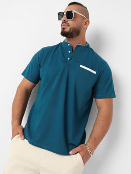 Instafab Plus - Mens Teal Blue T-Shirt with Contrast Detail