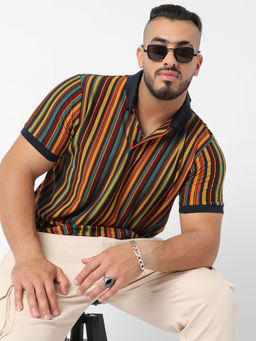 Instafab Plus - Mens Yellow & Green Candy Striped Polo T-Shirt