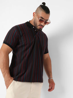 Instafab Plus - Mens Blue & Maroon Candy Striped Polo T-Shirt