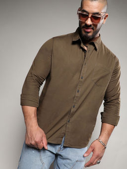 Instafab Plus - Mens Olive Green Basic Button Up Shirt