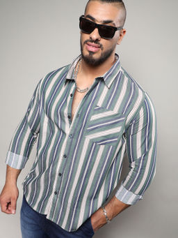 Instafab Plus - Mens Sage Green Unbalanced Striped Shirt