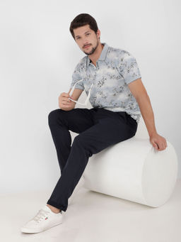 CRIMSOUNE CLUB - Mens Blue Floral Half Sleeves Collar Neck Polo T-Shirt